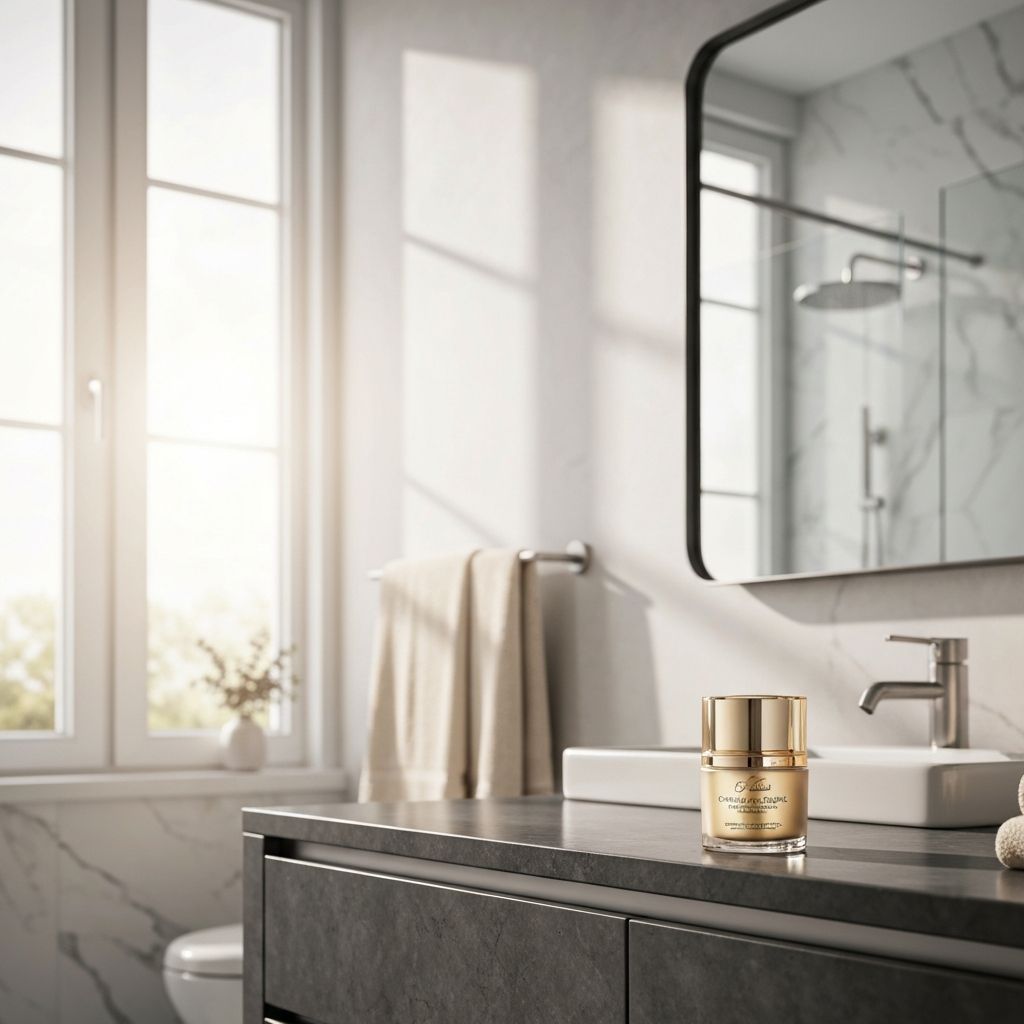 Crema viso premium su mobile da bagno elegante