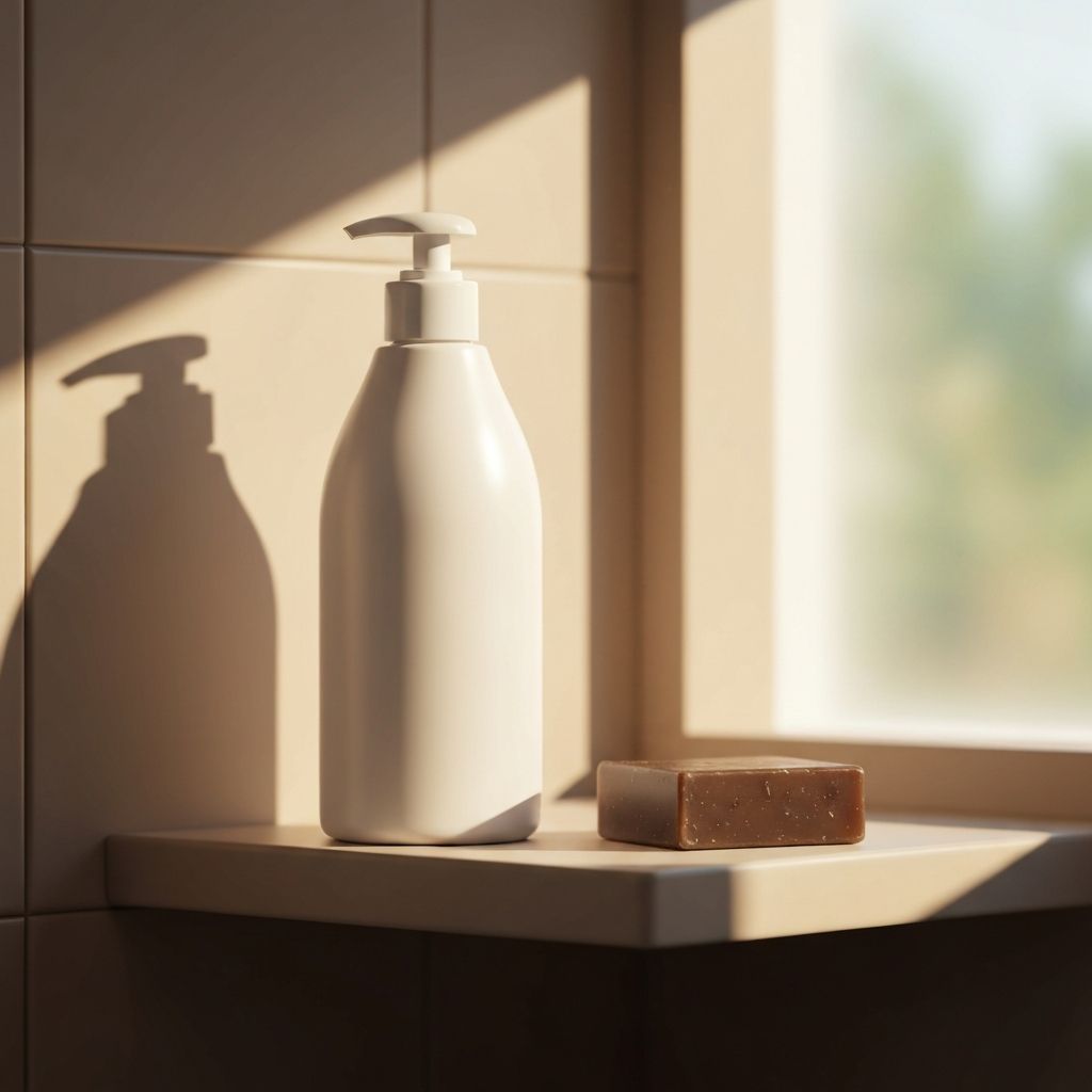 Latte detergente su ripiano bagno con sapone