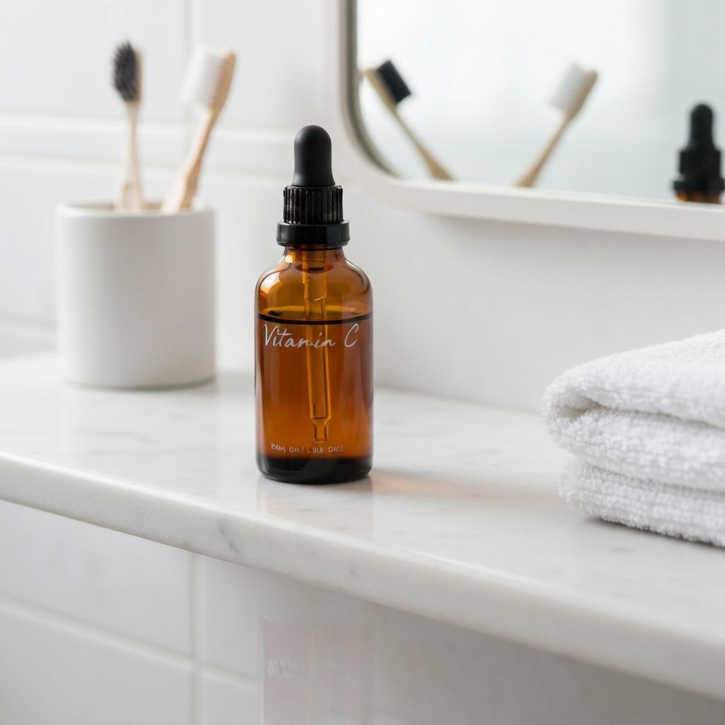 Siero vitamina C in vetro ambrato su marmo