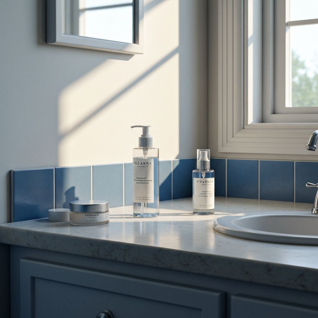 Prodotti routine mattutina su piano bagno