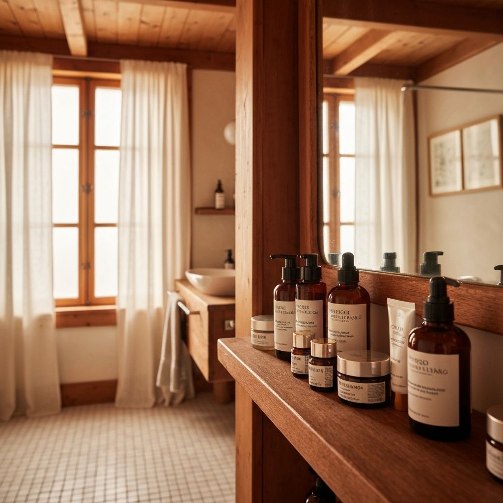 Prodotti routine serale su mensola in legno